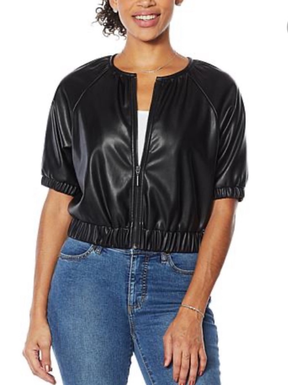 G by Giuliana Black Label Bomber Jacket Faux Leather Short Sleeves Full Zipper M